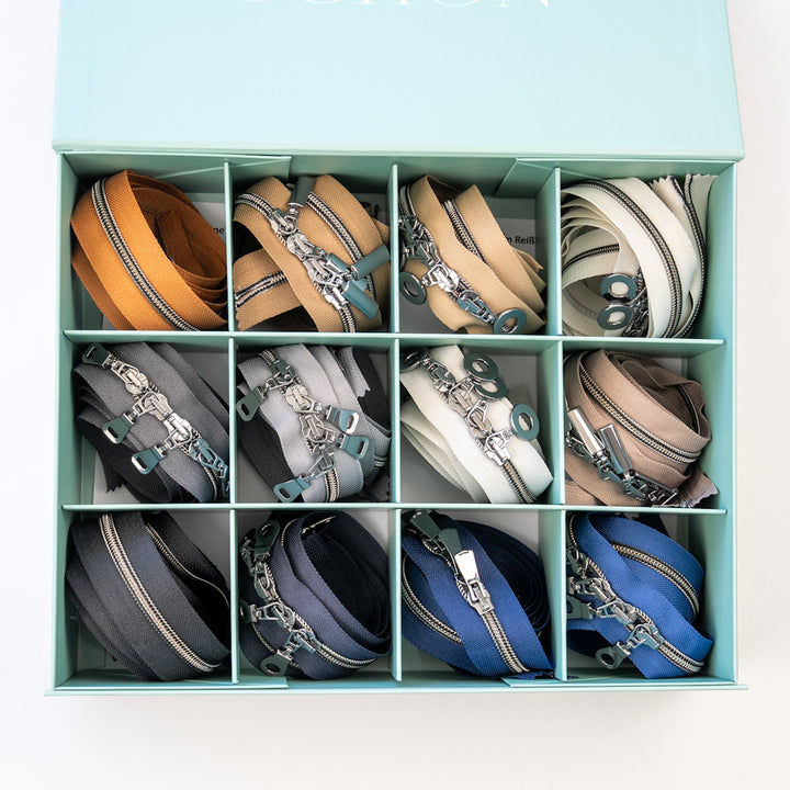Box mit 24 Premium-Reißverschlüssen Farbe "Klassische Töne in Gunmetal"