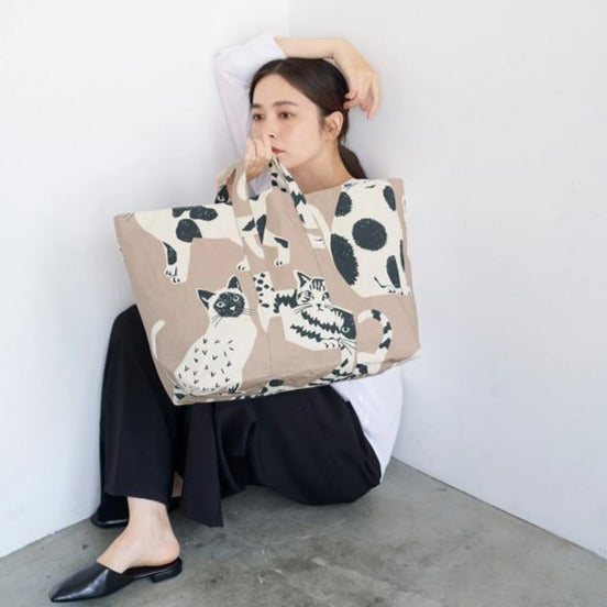 Kokka – Cotton Linen Canvas - Etsuko Furuya - Nekonoe - Cat Cat in Beige/Natural - Reststück 50cm