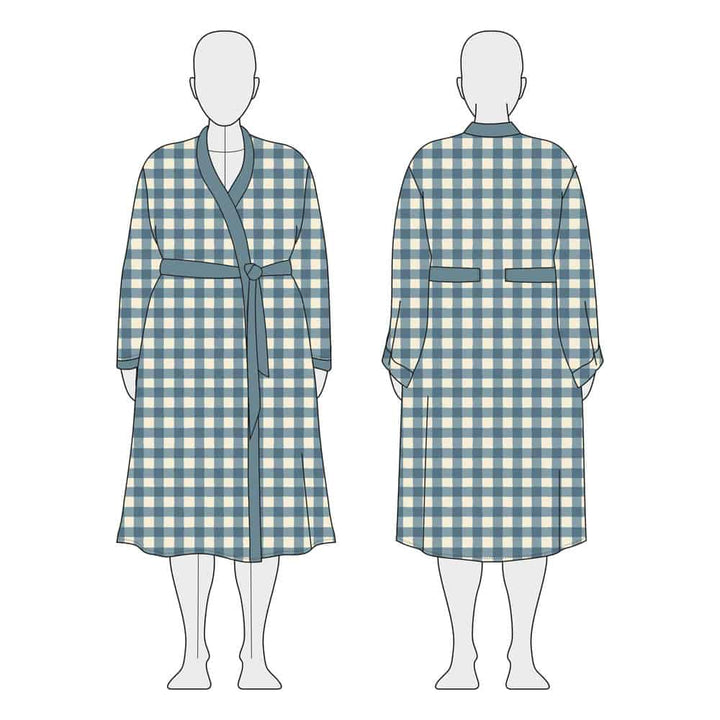 Damen Bademantel Amelia - Komplett-Set Gr. 34-56, (Flanell) Karo in Hellblau mit Paspel