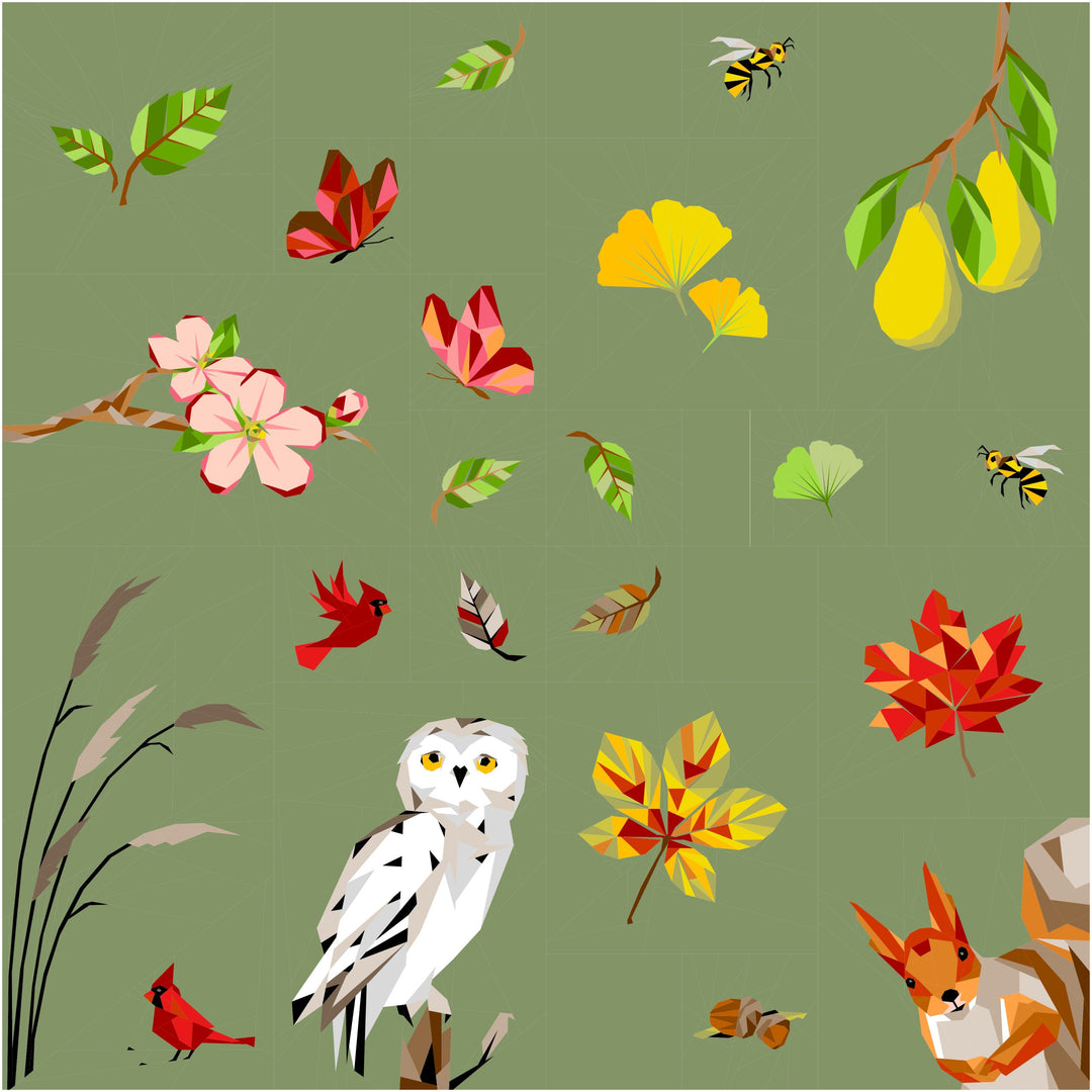 Nähgang Sampler 2025 "Four Seasons" - Hintergrundfarbe Salbei - Quadratische Größe - Lieferzeit 3 Wochen