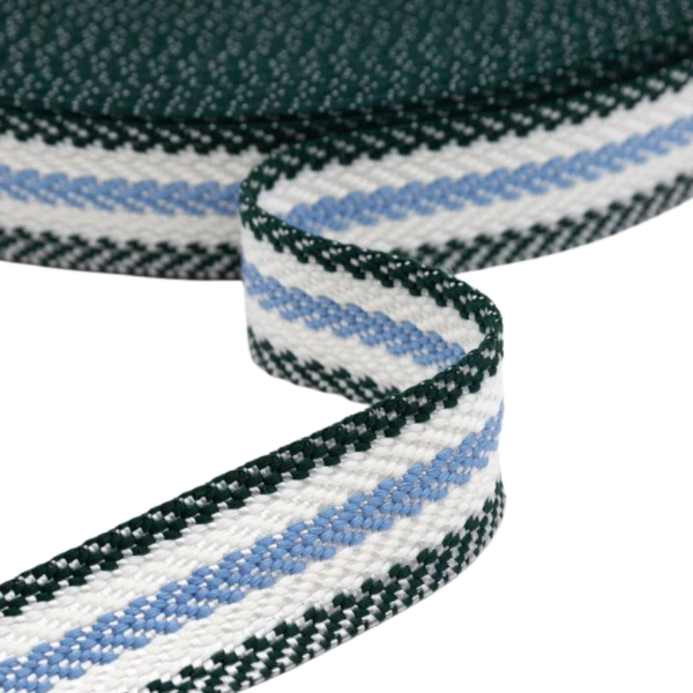 Gurtband 40mm Herringbone in Jagdgrün - Ecru - Hellblau
