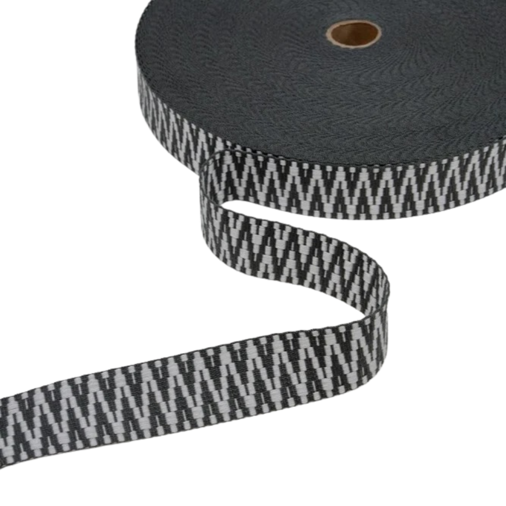 Gurtband 40mm Chevron Muster in Dunkel Petrol - Ecru