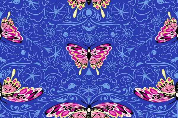 Moda Fabrics - Sarah Watts - Glow Garden - Floral Butterflies in Blacklight